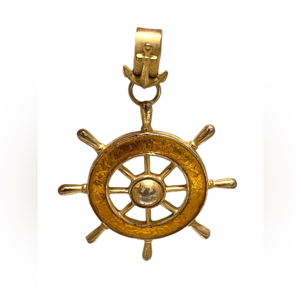 Gold tone ship wheel pendant with anchor